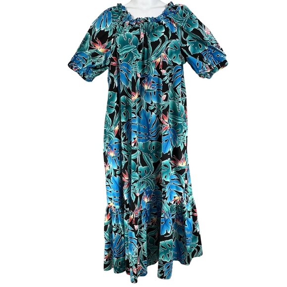 80s Hilo Hattie Womens 3X Hawaiian Maxi Dress Tropical Ruffle Hem Luau Vacation - Picture 1 of 16